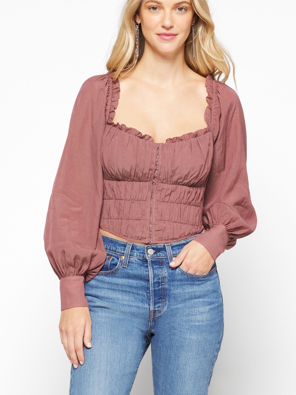 ASTR The Label Amber Top NWT Dusty Rose  Long Sleeve Crop Blouse Size S